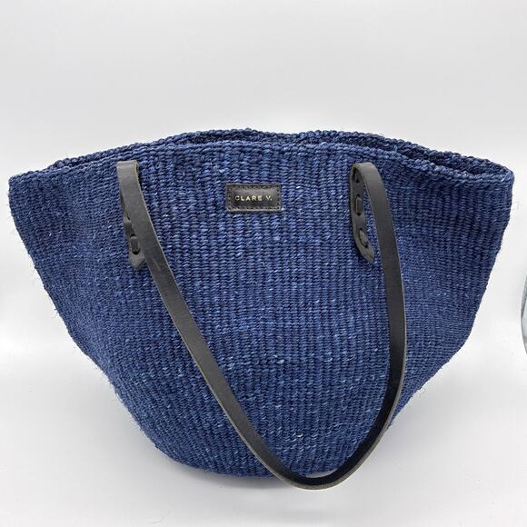 Clare V Kenya Blue Woven Straw Bag Purse Tote Coastal Preppy Tomato Girl - Picture 3 of 9